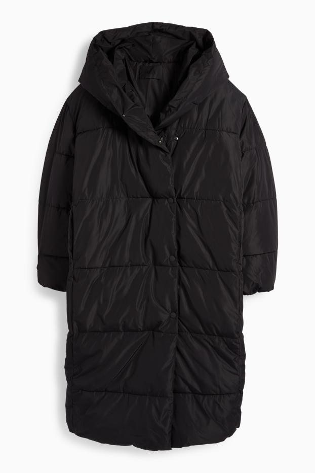 Women - Quilted coat with hood - water-repellent - black