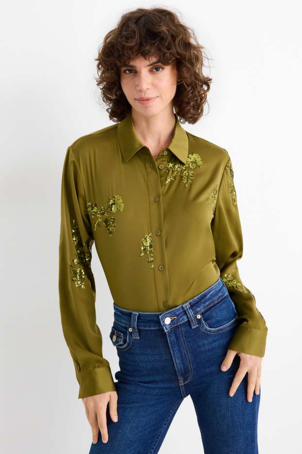 Women - Satin blouse - shiny - floral - green