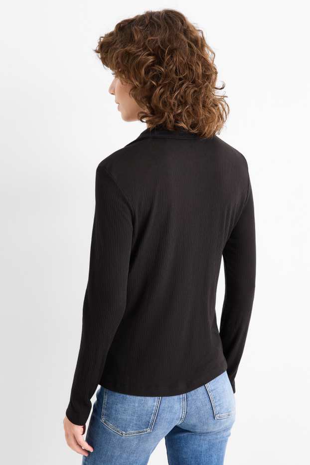 Damen - Langarm-Poloshirt - Regular Fit - gerippt - schwarz