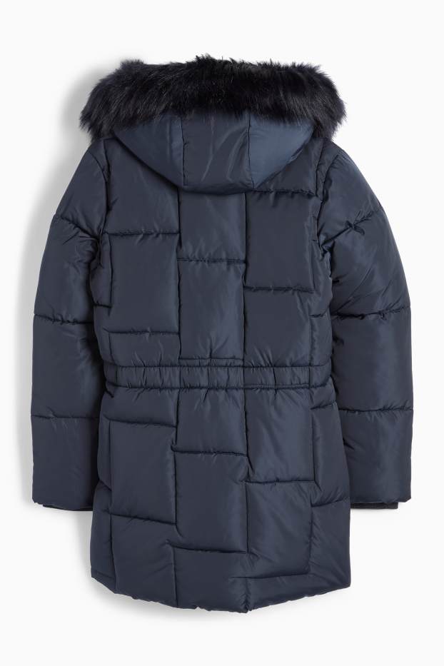 Niñas - Chaqueta acolchada con capucha y pelo sintético - azul oscuro