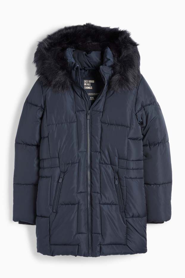 Niñas - Chaqueta acolchada con capucha y pelo sintético - azul oscuro