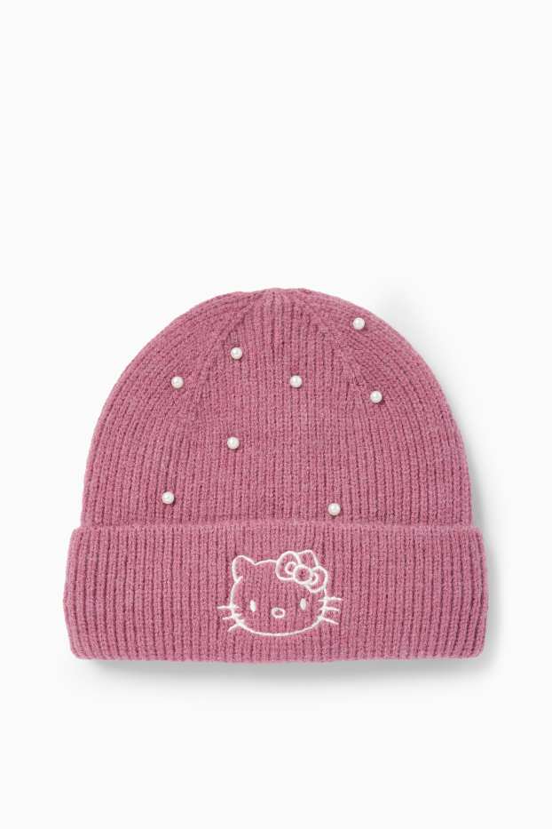 Kinder Mädchen - Hello Kitty - Mütze mit Perlen - gerippt - dunkelrosa