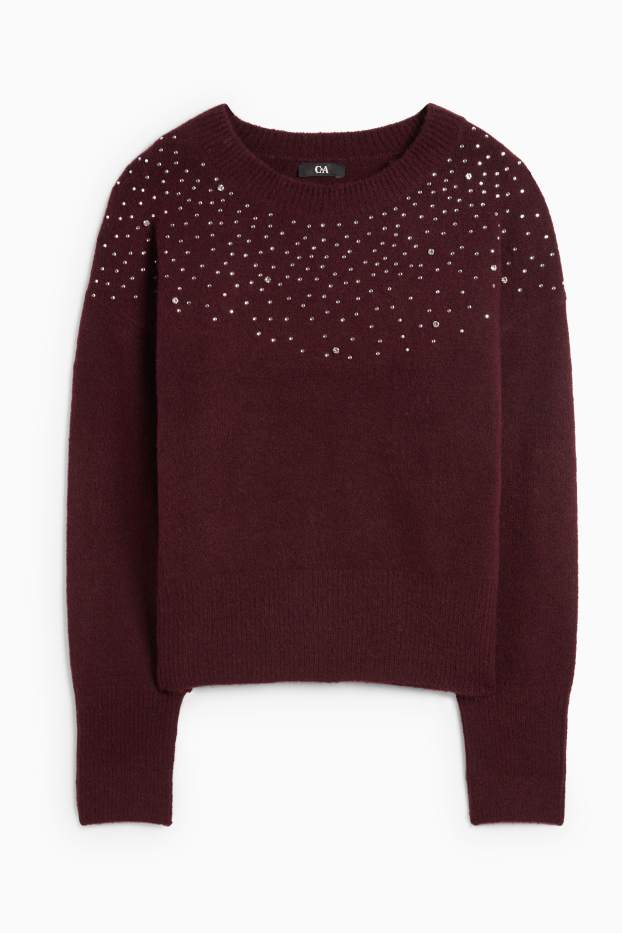 Femmes - Pull orné de pierres de strass - bordeaux