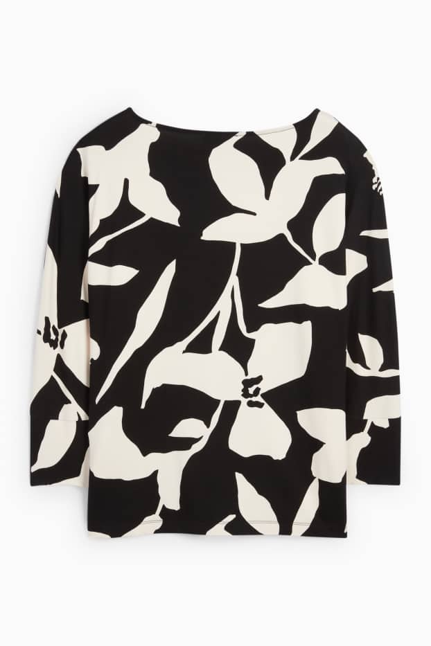 Dámské - Tričko s dlouhým rukávem basic - regular fit - s květinovým vzorem - černá/bílá