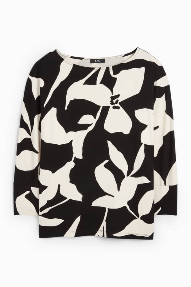 Dámské - Tričko s dlouhým rukávem basic - regular fit - s květinovým vzorem - černá/bílá