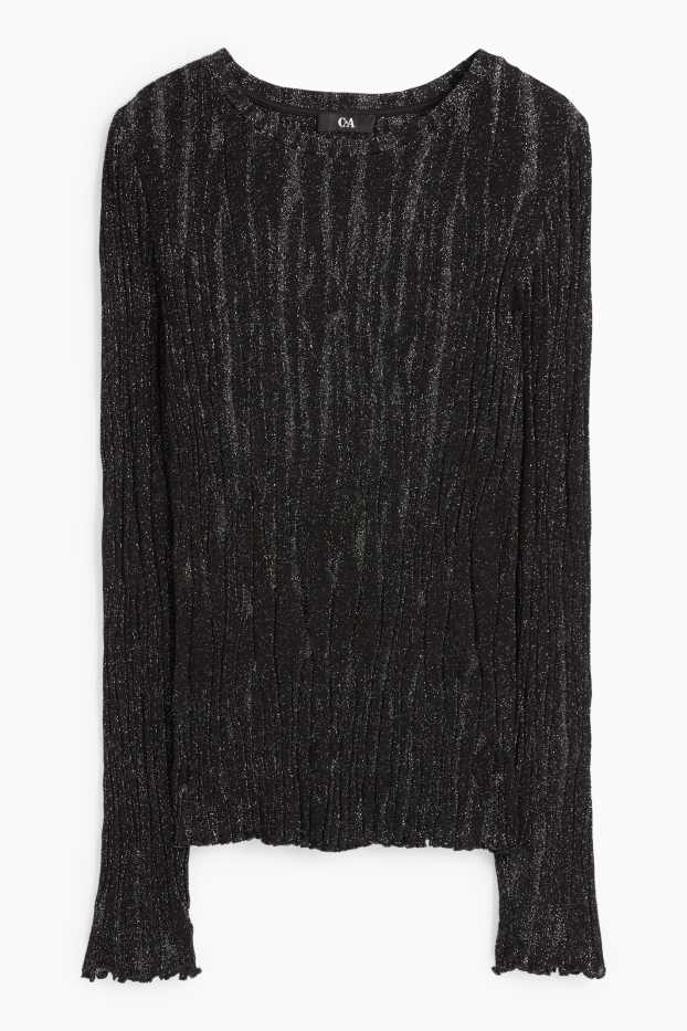 Dámské - Tričko s dlouhým rukávem - regular fit - žebrované - černá