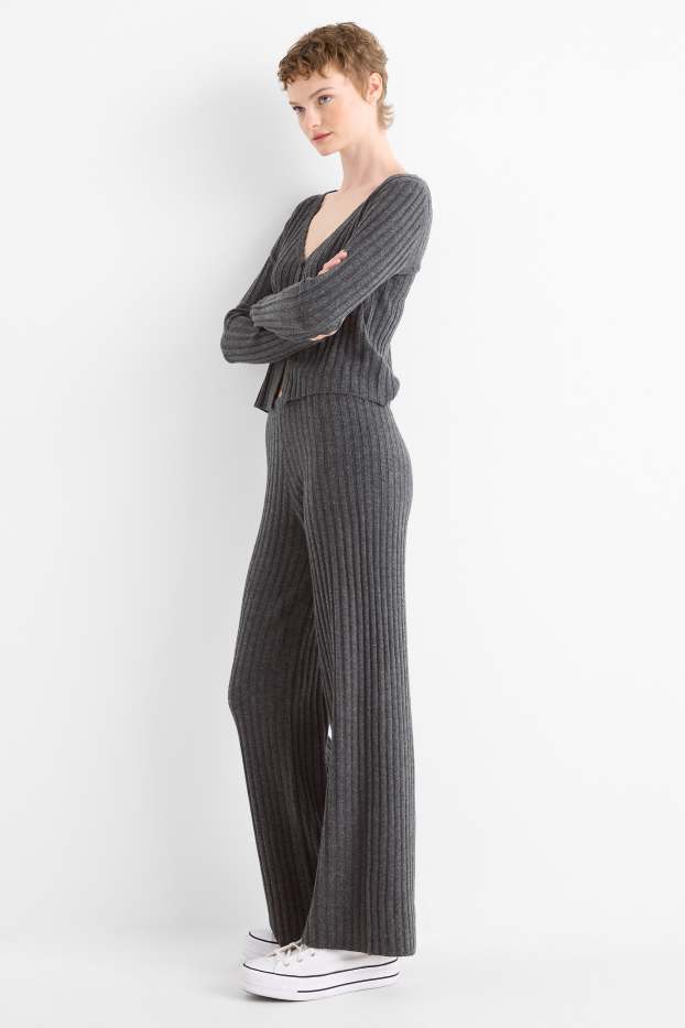 Women - Knitted trousers - mid-rise waist - ribbed - dark gray