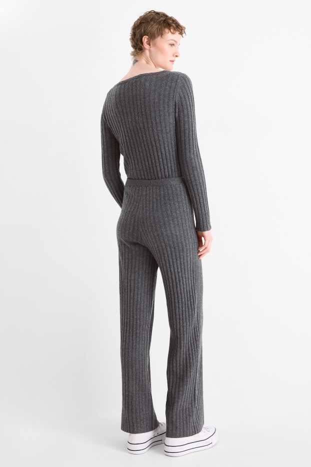 Women - Knitted trousers - mid-rise waist - ribbed - dark gray
