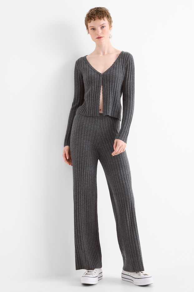 Women - Knitted trousers - mid-rise waist - ribbed - dark gray