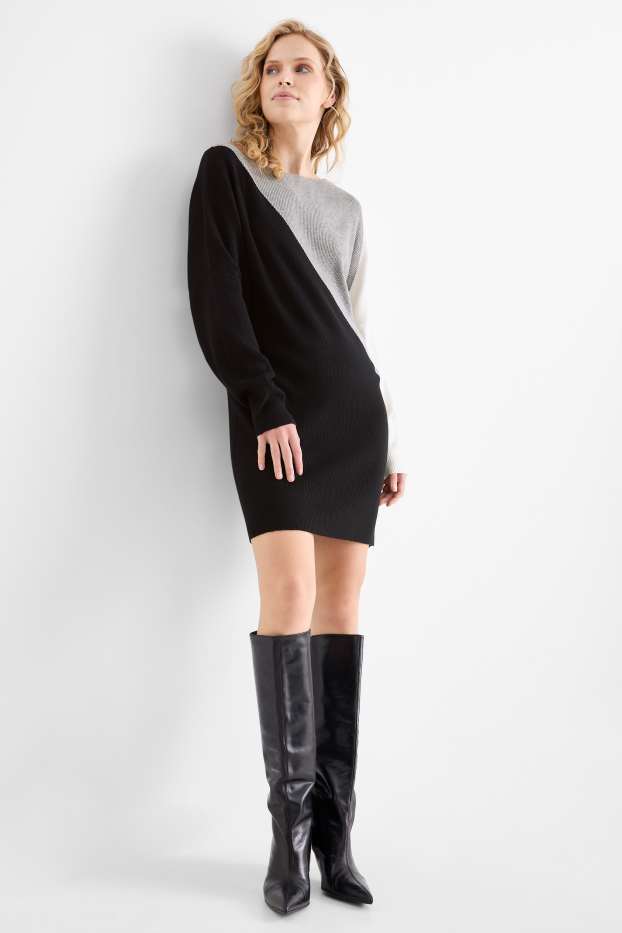 Women - Knitted dress - ribbed - black / gray