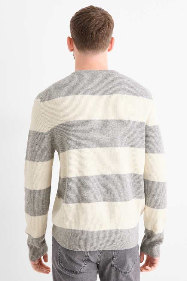 Men - Jumper - ribbed - striped - gray / beige