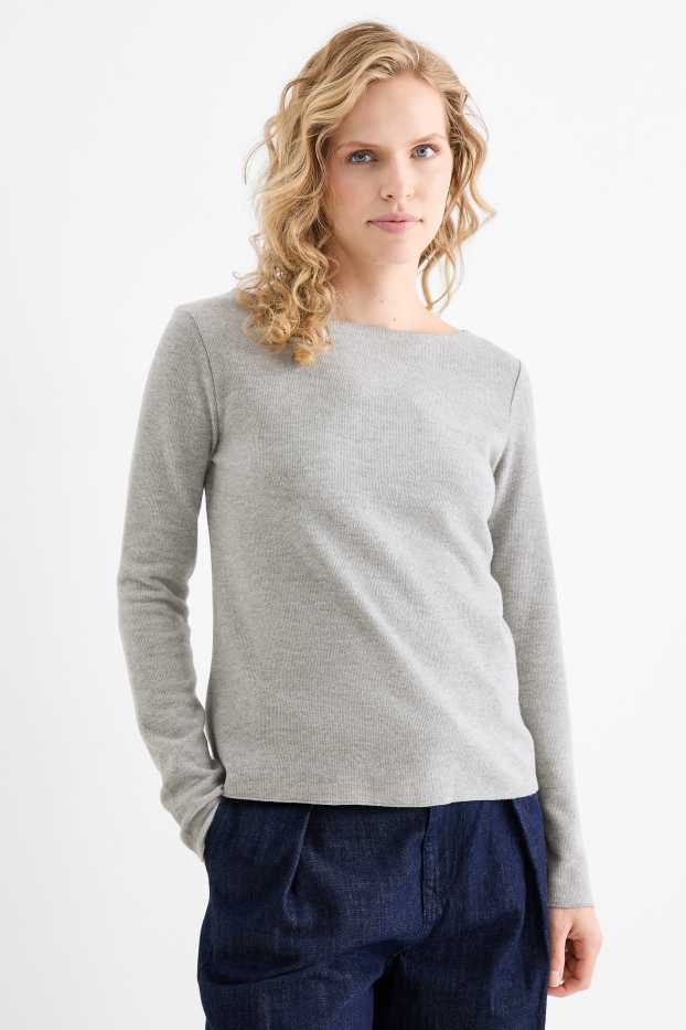 Femmes - Haut à manches longues - regular fit - finition côtelée - gris clair