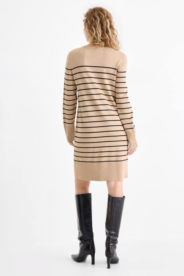 Dames - Gebreide jurk - gestreept - beige