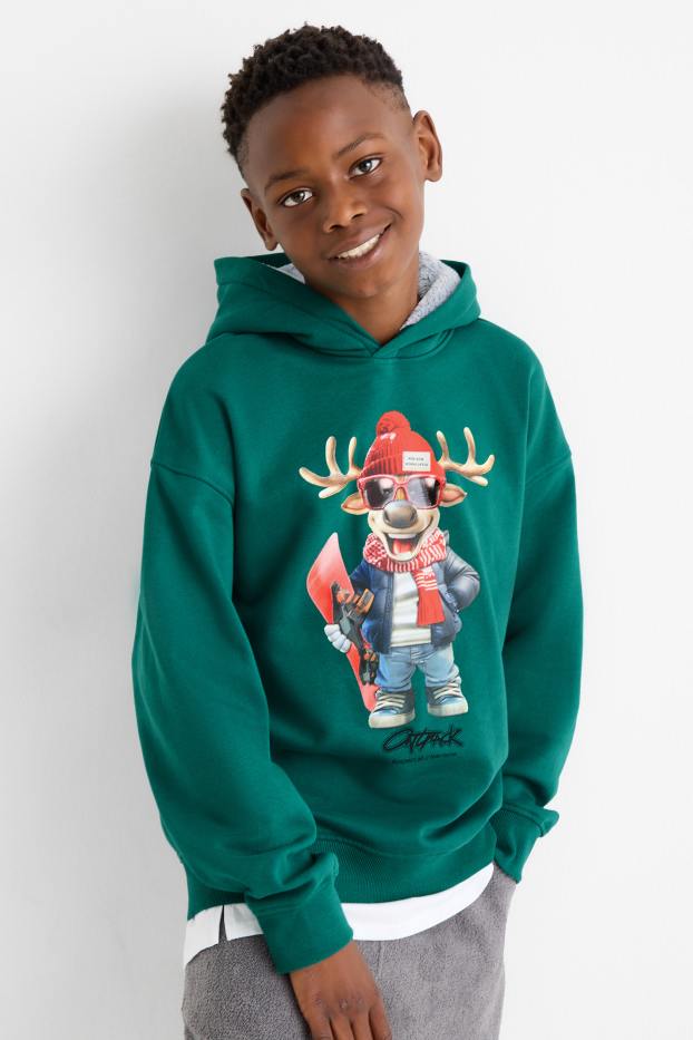 Enfants garçons - Renne et snowboard - sweat à capuche de Noël - vert