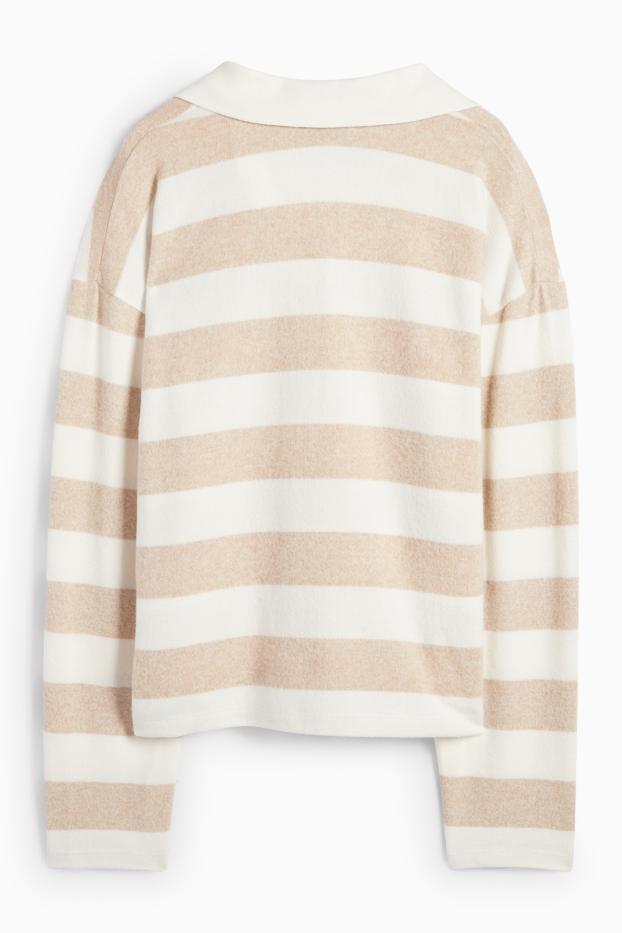 Women - Long sleeve polo shirt - knitted - striped - white / beige