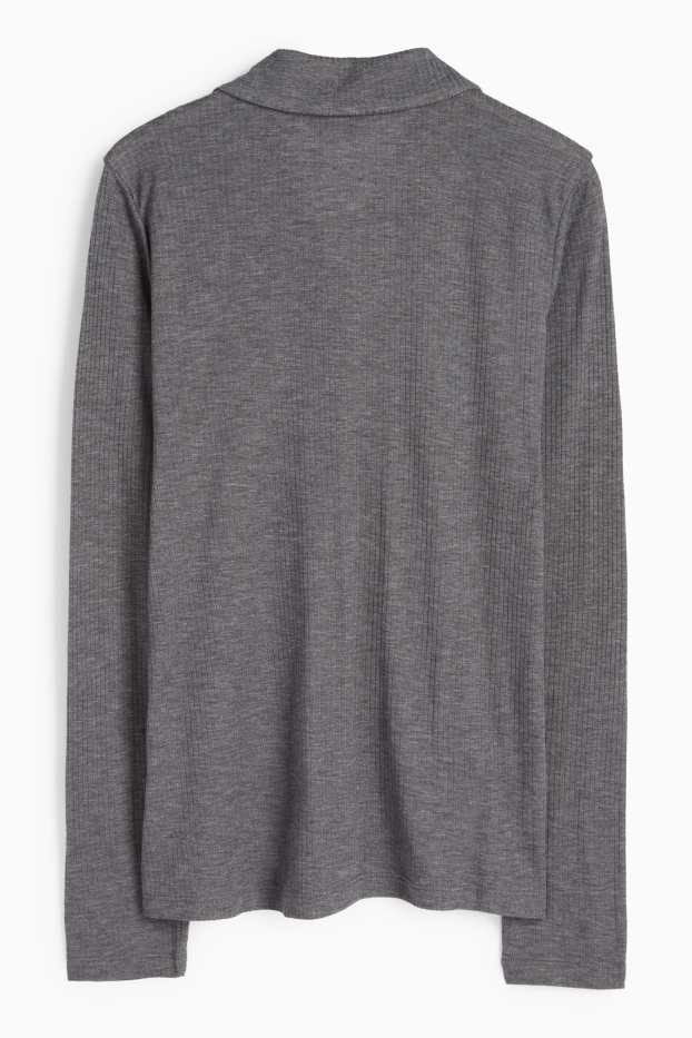 Women - Basic long sleeve polo shirt - regular fit - ribbed - gray