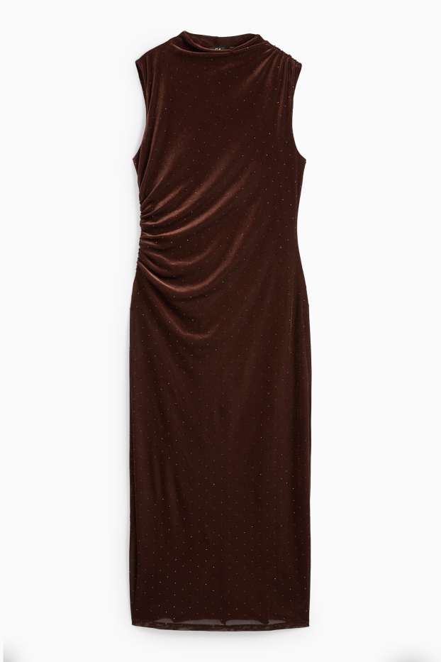 Damen - Samt-Bodycon-Kleid mit Strasssteinen - dunkelbraun