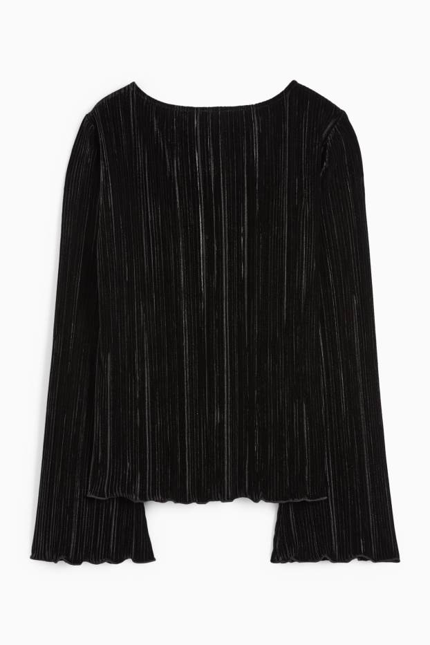 Women - Velvet long sleeve top - regular fit - ribbed - black