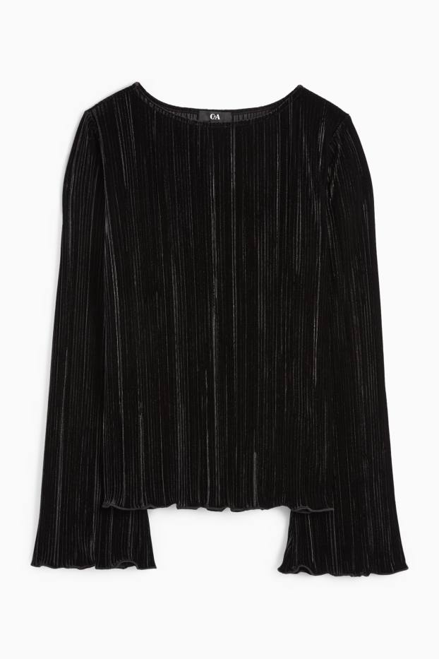 Women - Velvet long sleeve top - regular fit - ribbed - black