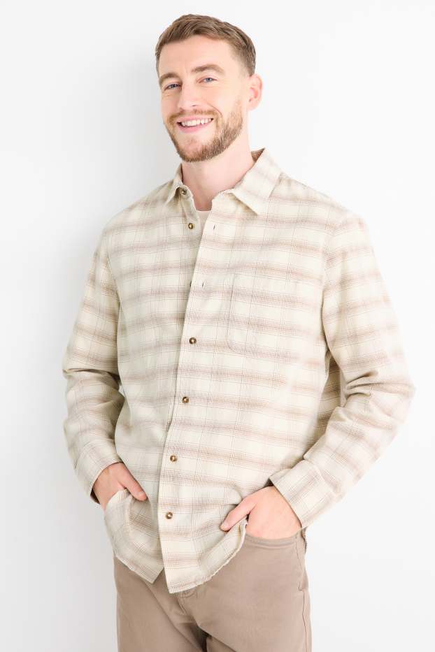 Uomo - Camicia di velluto a coste - regular fit - collo all'italiana - a quadretti - crema