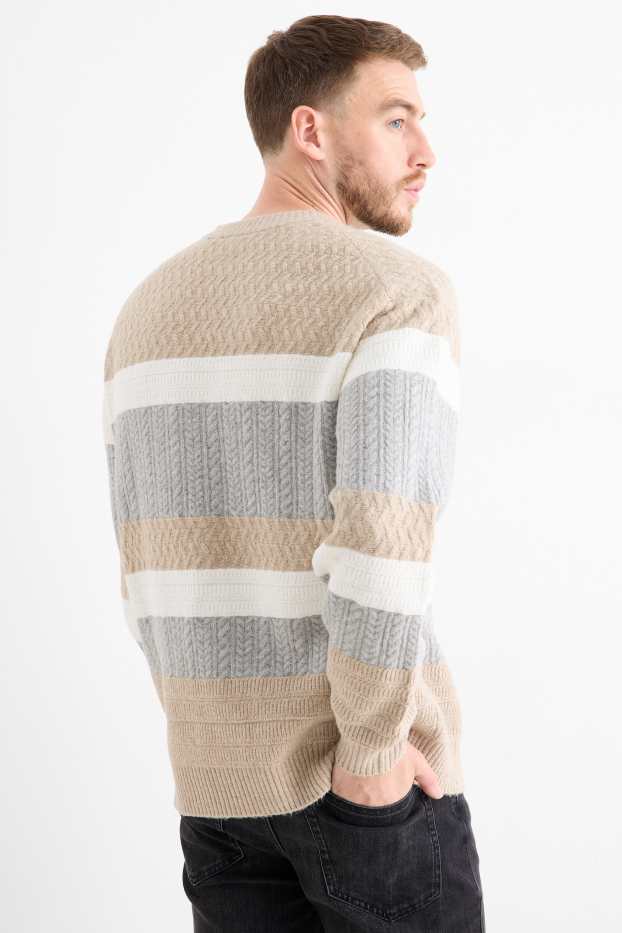 Men - Jumper - striped - textured - gray / beige