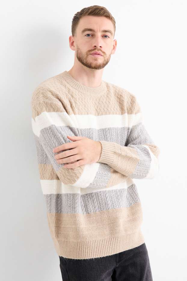 Men - Jumper - striped - textured - gray / beige