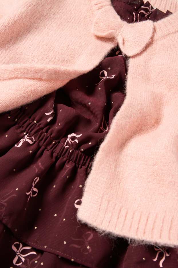 Children Girls - Bow - set - dress, cardigan and tights - bordeaux