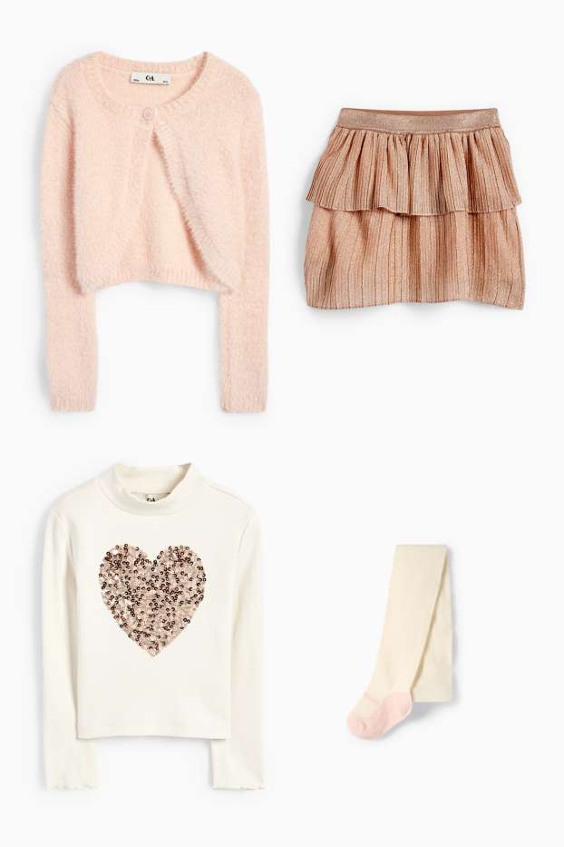 Nena - Conjunt - samarreta de màniga llarga, jaqueta de punt, faldilla i leotards - rosa