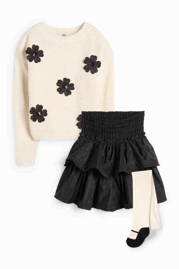 Děti - dívky - Květiny - souprava - svetr, sukně a punčochové kalhoty - 3dílná - černá/béžová