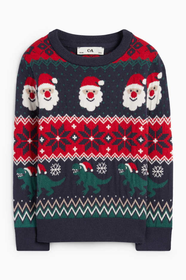 Enfants garçons - Dinosaure et père Noël - pull de Noël - bleu foncé