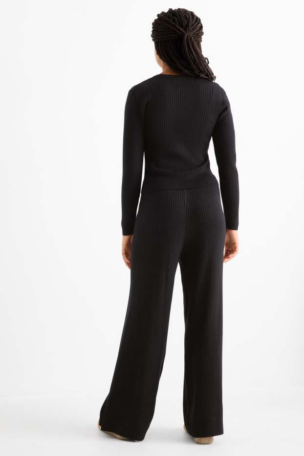Children Girls - Set - long sleeve top and jersey trousers - ribbed - 2 piece - black