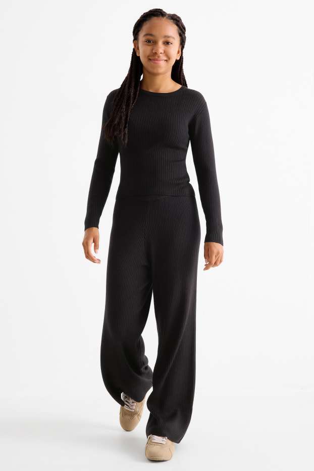 Children Girls - Set - long sleeve top and jersey trousers - ribbed - 2 piece - black