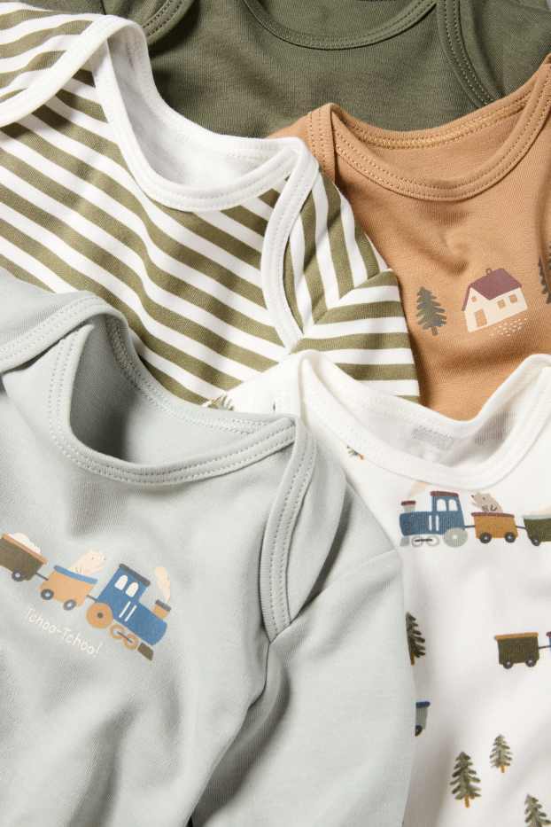 Baby Buben - Multipack 5er - Eisenbahn - Baby-Body - dunkelgrün / cremeweiß