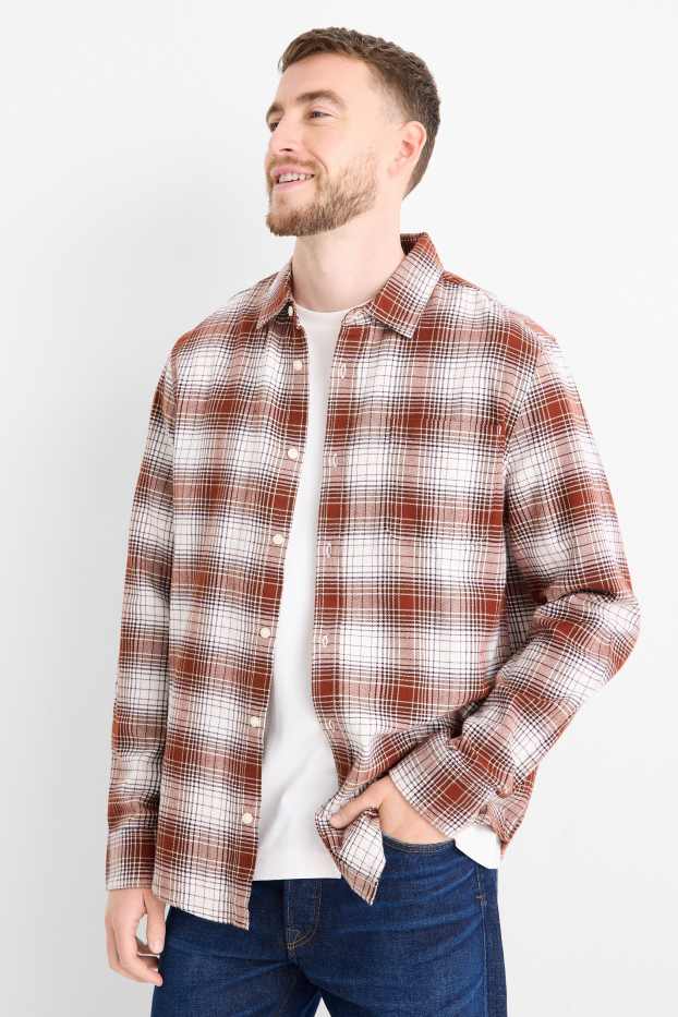 Pánské - Flanelová košile - regular fit - kent - kostkovaná - hnědá