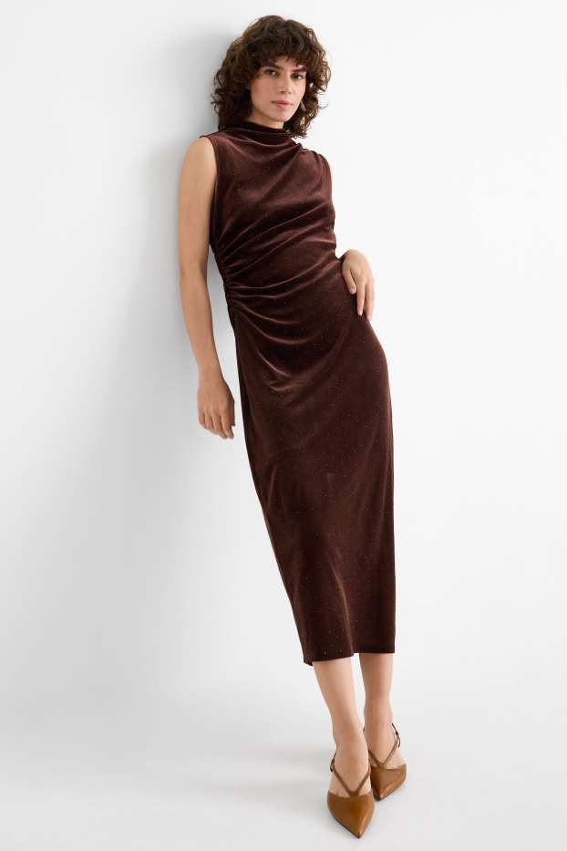 Damen - Samt-Bodycon-Kleid mit Strasssteinen - dunkelbraun