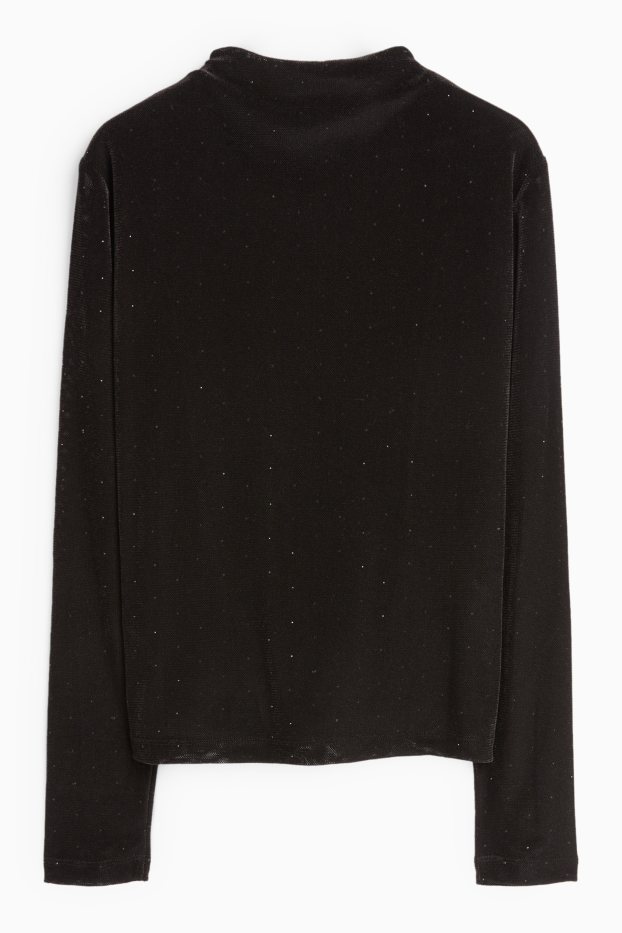 Damen - Samt-Langarmshirt mit Strasssteinen - Regular Fit - schwarz