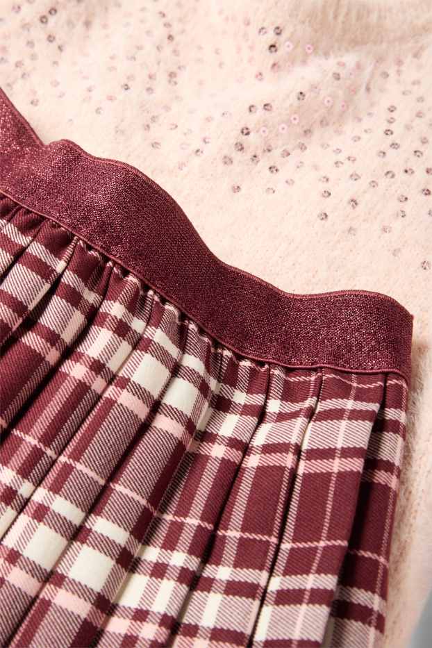 Děti - dívky - Souprava - svetr, sukně a punčochové kalhoty - 3dílná - růžová