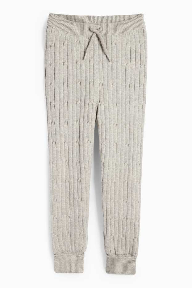 Copii - Fete - Pantaloni de trening din tricot termoizolanți - cu torsade - gri deschis melanj