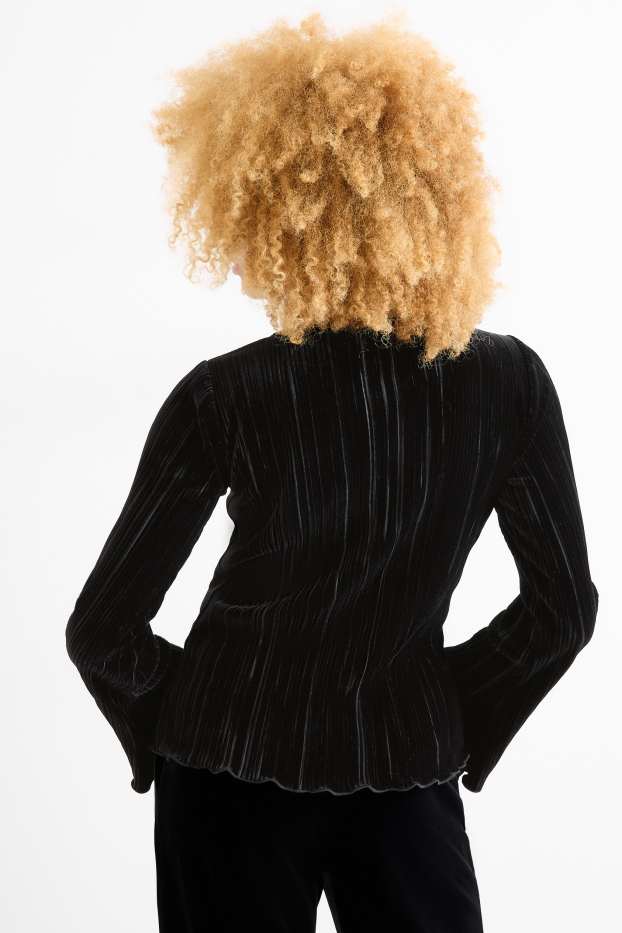 Women - Velvet long sleeve top - regular fit - ribbed - black
