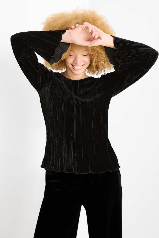 Women - Velvet long sleeve top - regular fit - ribbed - black