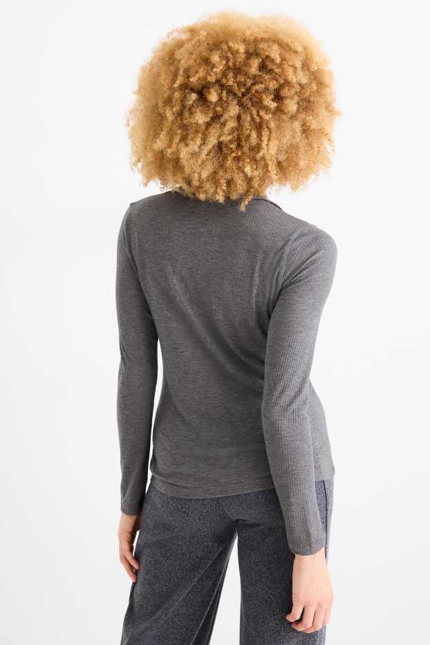 Women - Basic long sleeve polo shirt - regular fit - ribbed - gray