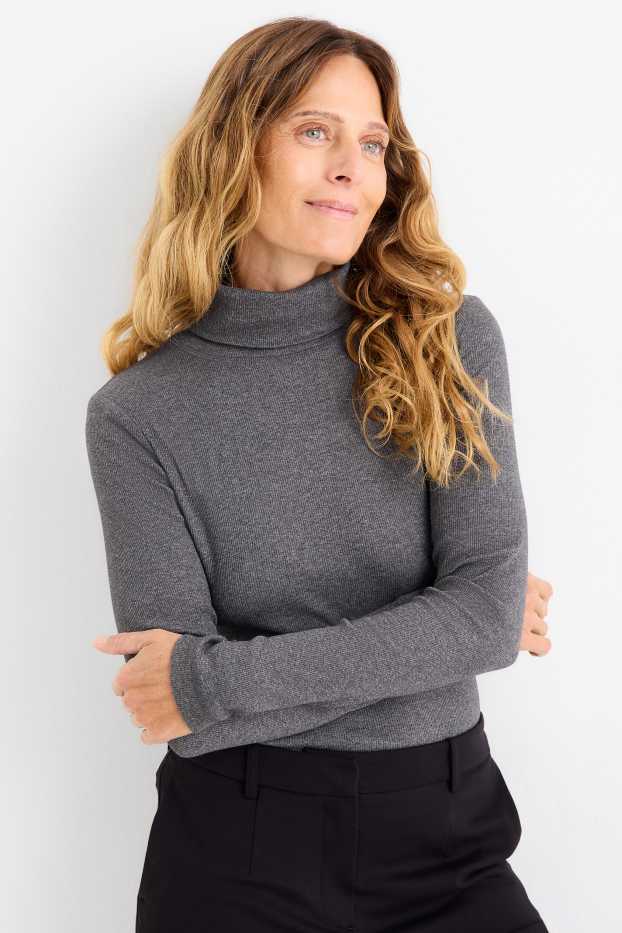 Damen - Rollkragenshirt - gerippt - dunkelgrau