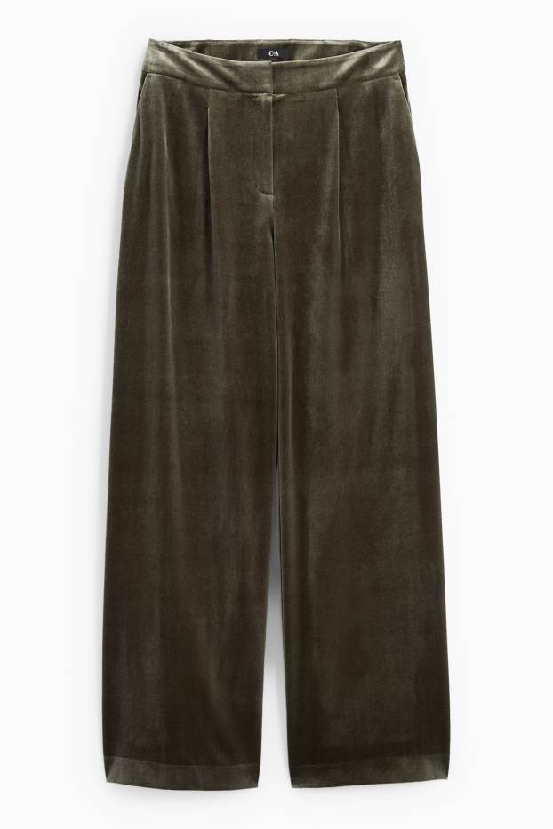 Dámské - Business sametové kalhoty - mid waist - wide leg - zelená