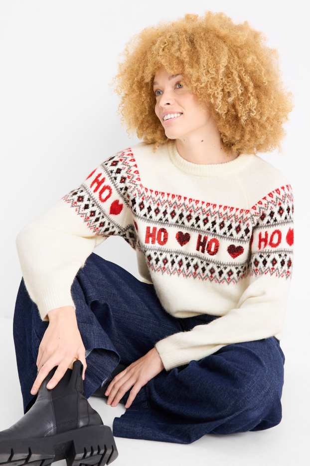 Dámské - Vánoční svetr - HoHoHo - krémově bílá