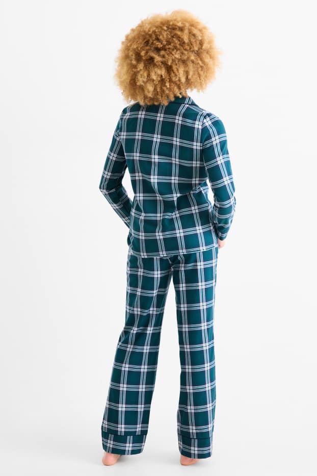 Damen - Set - Weihnachts-Flanellpyjama, Schlafmaske und Stoffbeutel - dunkelgrün