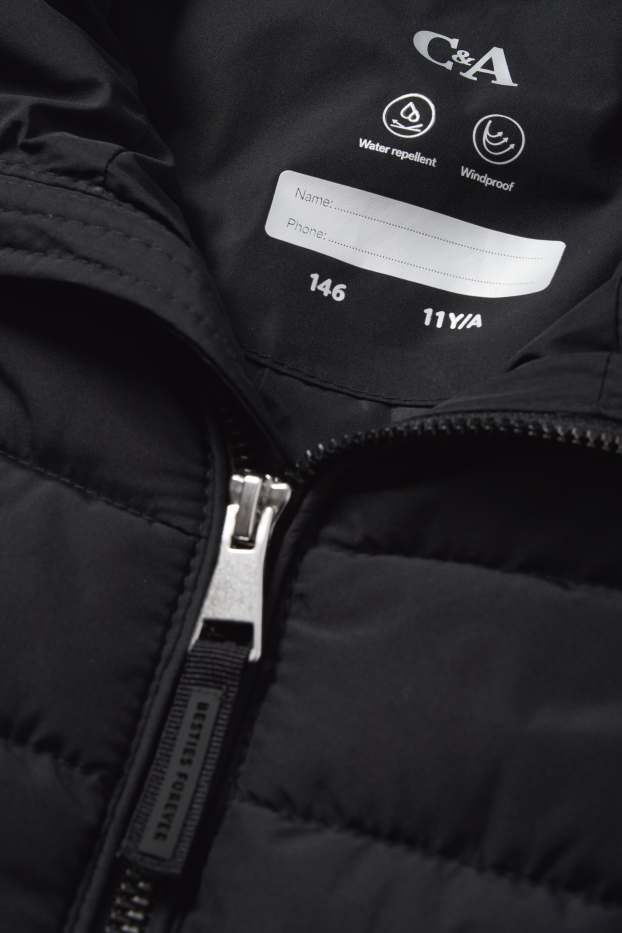 Děti - dívky - Prošívaná bunda s kapucí - z vodoodpudivého materiálu - černá