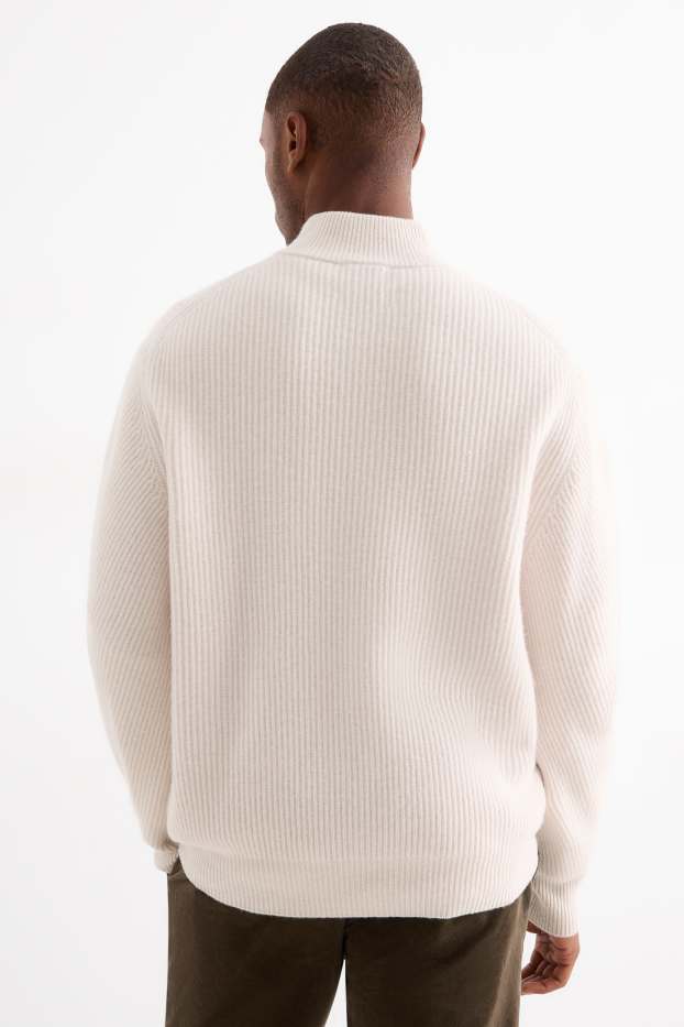 Herren - Strickjacke mit Kaschmir-Anteil - Woll-Mix - gerippt - cremeweiß