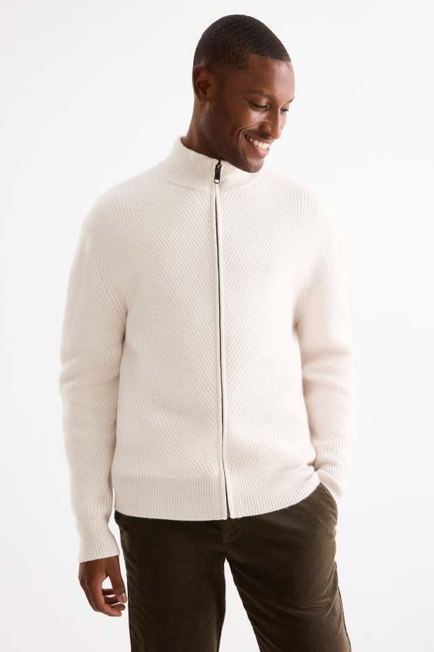 Herren - Strickjacke mit Kaschmir-Anteil - Woll-Mix - gerippt - cremeweiß
