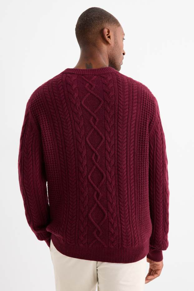 Herren - Pullover mit Kaschmir-Anteil - Woll-Mix - Zopfmuster - bordeaux