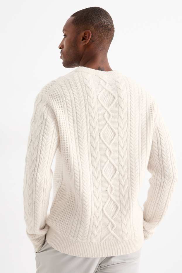 Herren - Pullover mit Kaschmir-Anteil - Woll-Mix - Zopfmuster - cremeweiss